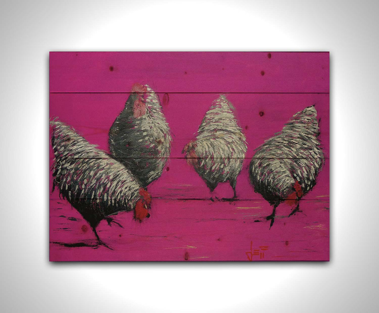 A painting of four gray, barred chickens, created with broken color speckles of black, gray, and white on a bright pink background. Printed on a wood pallet.