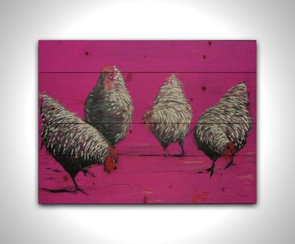 A painting of four gray, barred chickens, created with broken color speckles of black, gray, and white on a bright pink background. Printed on a wood pallet.