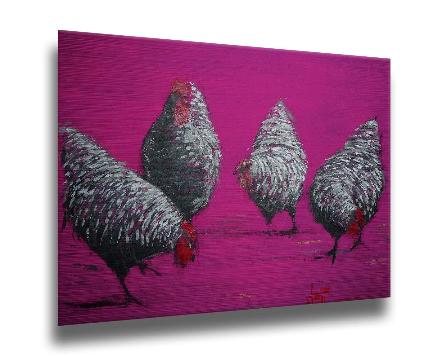 A painting of four gray, barred chickens, created with broken color speckles of black, gray, and white on a bright pink background. Printed on metal.