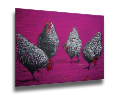 A painting of four gray, barred chickens, created with broken color speckles of black, gray, and white on a bright pink background. Printed on metal.