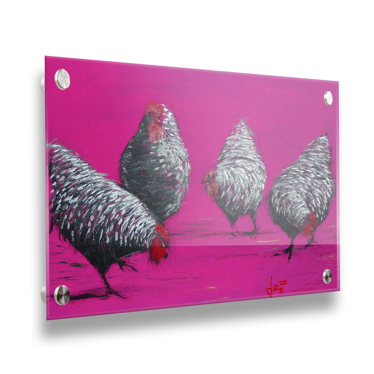 A painting of four gray, barred chickens, created with broken color speckles of black, gray, and white on a bright pink background. Printed on acrylic.