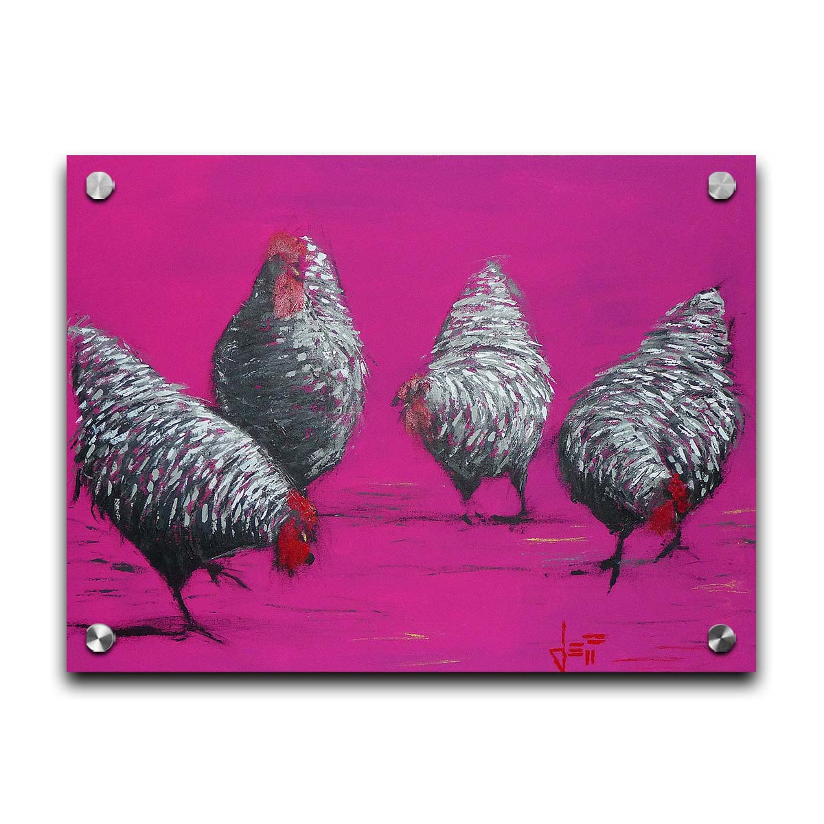 A painting of four gray, barred chickens, created with broken color speckles of black, gray, and white on a bright pink background. Printed on acrylic.