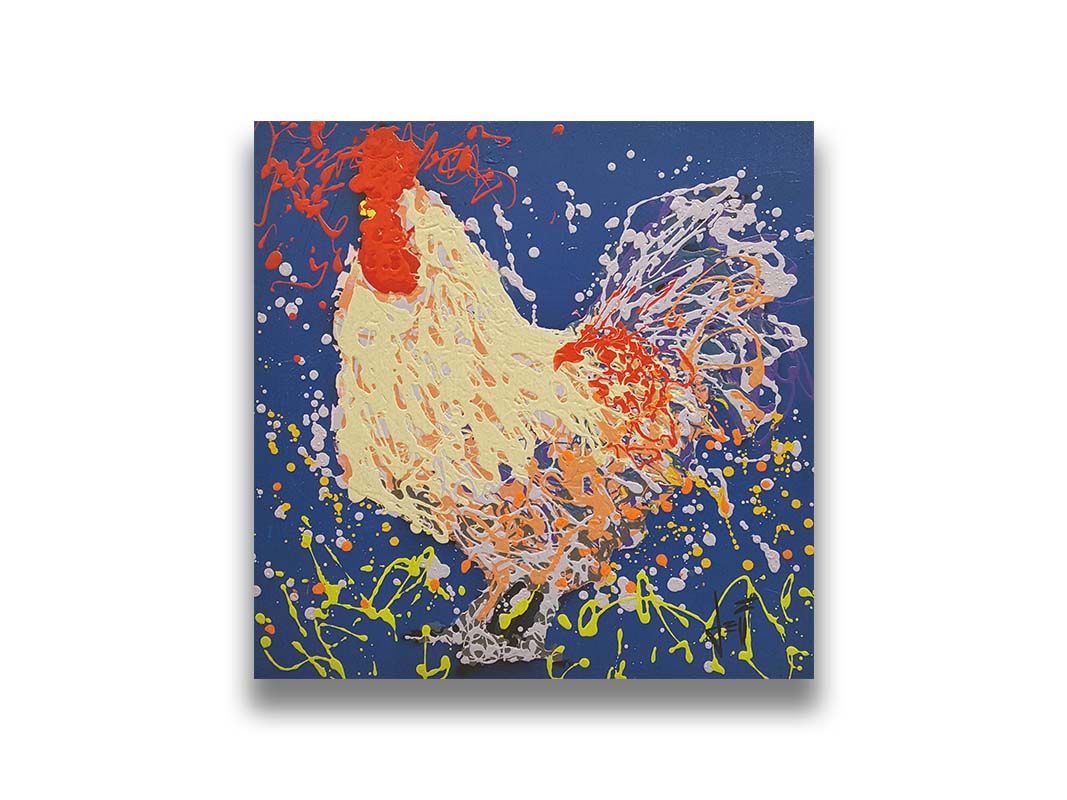 A drip painting of a beige rooster, accented with red, orange, yellow, and lavender aganst a cerulean background. Printed on canvas.