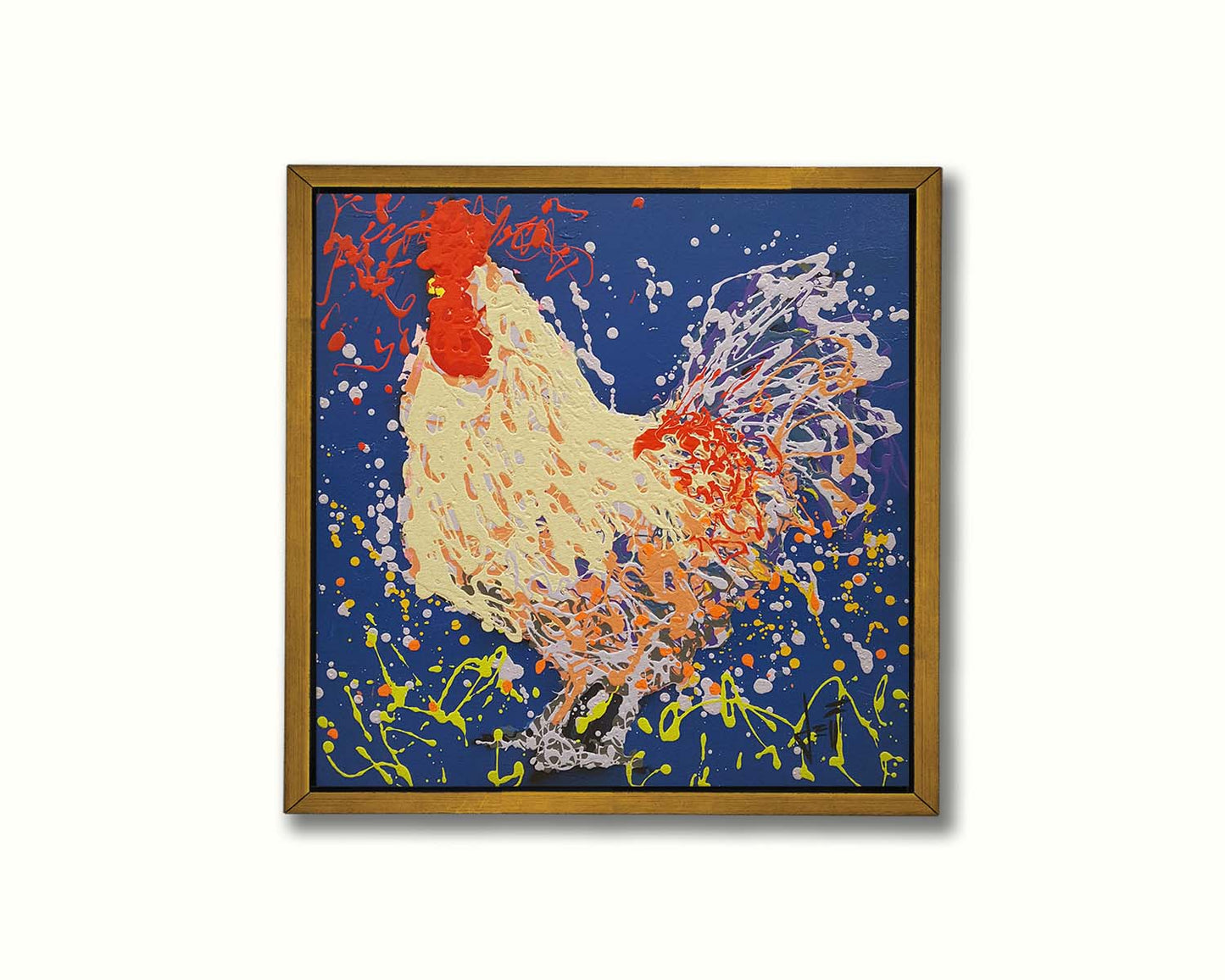 A drip painting of a beige rooster, accented with red, orange, yellow, and lavender aganst a cerulean background. Printed on canvas in a float frame.