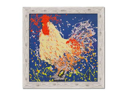 A drip painting of a beige rooster, accented with red, orange, yellow, and lavender aganst a cerulean background. Printed on canvas and framed.