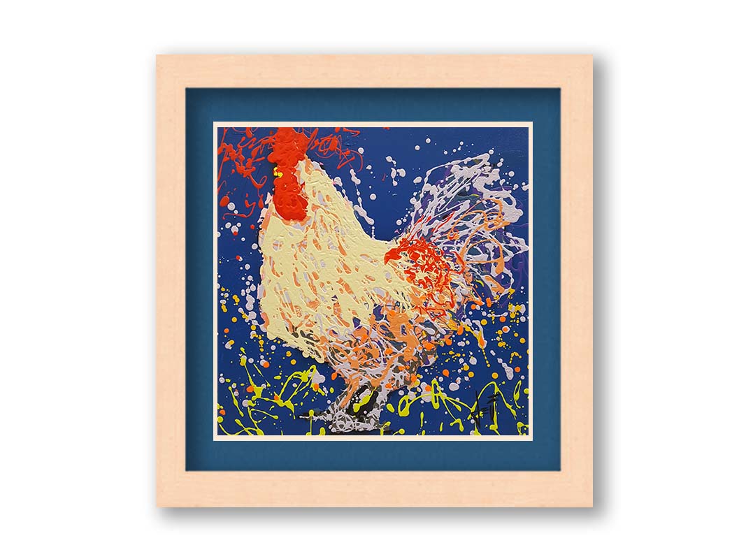 A drip painting of a beige rooster, accented with red, orange, yellow, and lavender aganst a cerulean background. Printed on paper, matted, and framed.