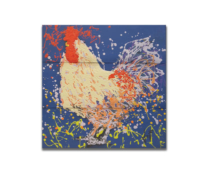 A drip painting of a beige rooster, accented with red, orange, yellow, and lavender aganst a cerulean background. Printed on a box board.