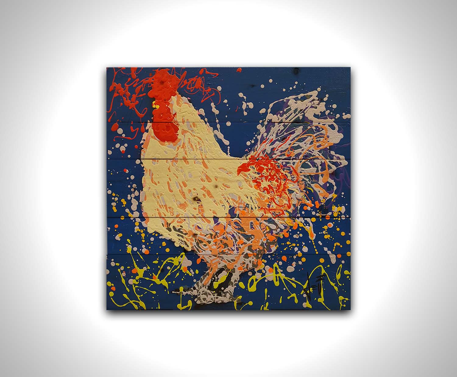 A drip painting of a beige rooster, accented with red, orange, yellow, and lavender aganst a cerulean background. Printed on a wood pallet.