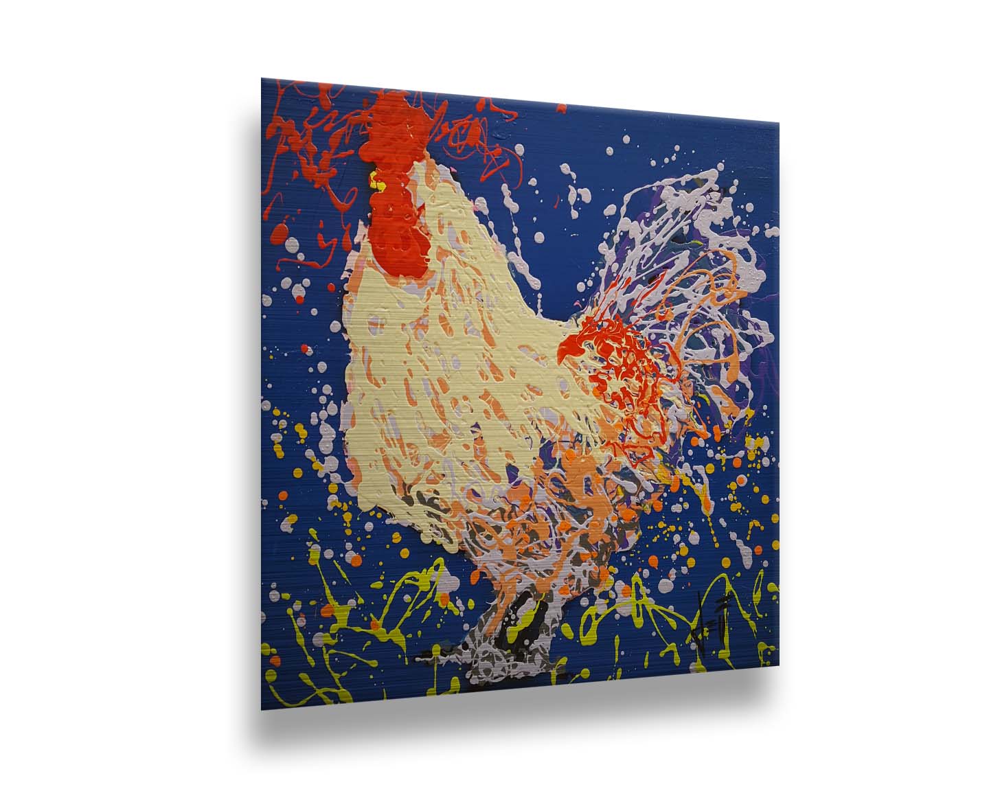 A drip painting of a beige rooster, accented with red, orange, yellow, and lavender aganst a cerulean background. Printed on metal.