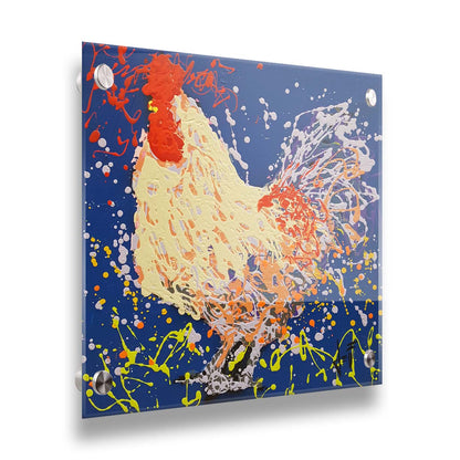 A drip painting of a beige rooster, accented with red, orange, yellow, and lavender aganst a cerulean background. Printed on acrylic.