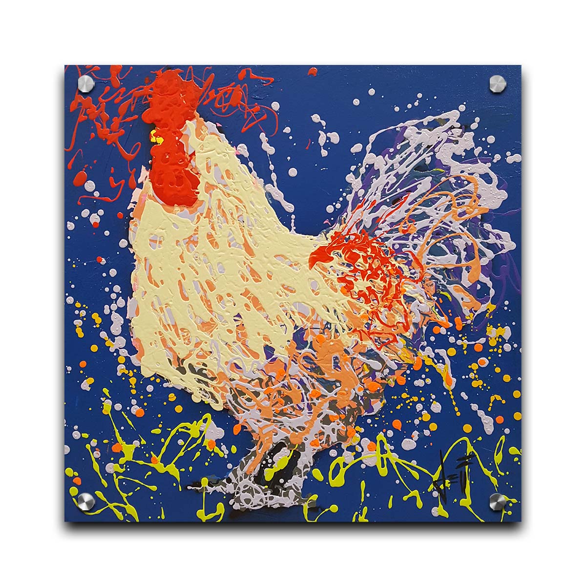 A drip painting of a beige rooster, accented with red, orange, yellow, and lavender aganst a cerulean background. Printed on acrylic.