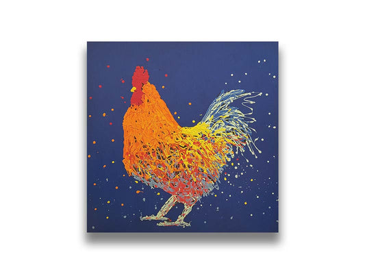 A drip painting of an orange rooster on a blue background. Printed on canvas.