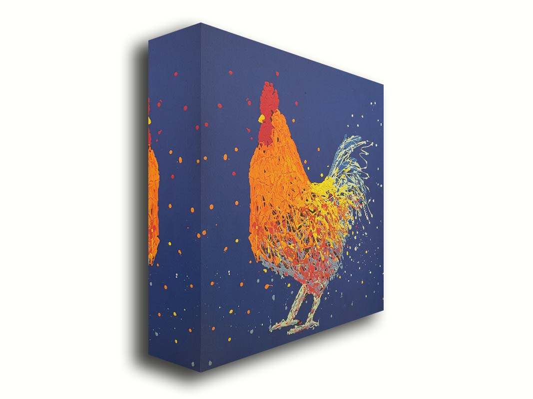 A drip painting of an orange rooster on a blue background. Printed on canvas.