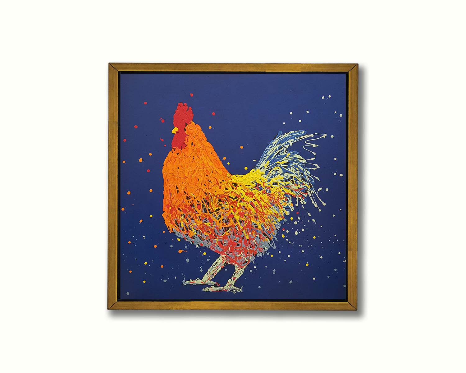 A drip painting of an orange rooster on a blue background. Printed on canvas in a float frame.