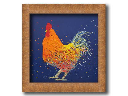 A drip painting of an orange rooster on a blue background. Printed on canvas and framed.