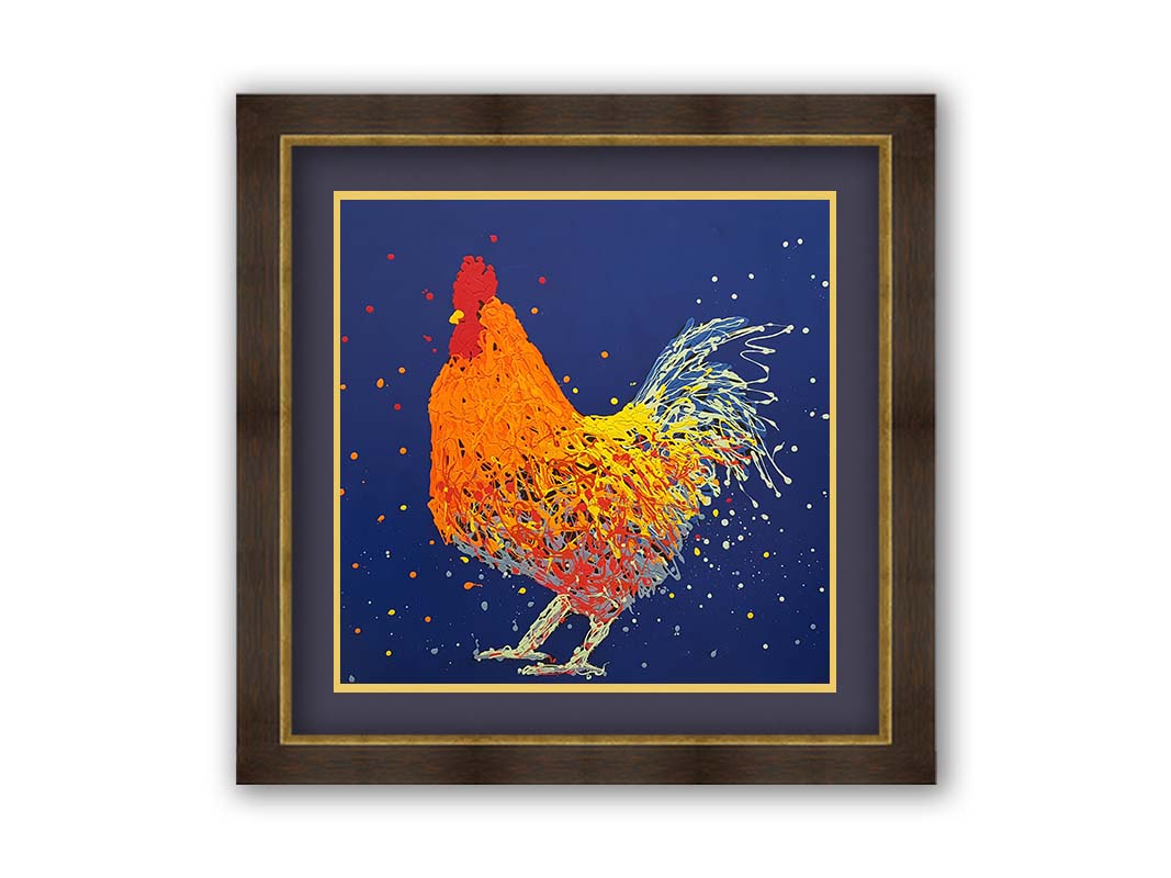 A drip painting of an orange rooster on a blue background. Printed on paper, matted, and framed.