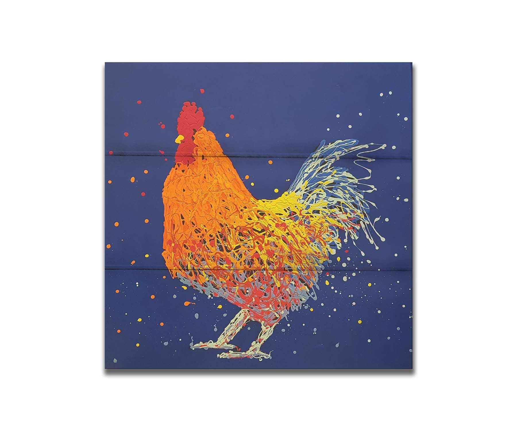 A drip painting of an orange rooster on a blue background. Printed on a box board.