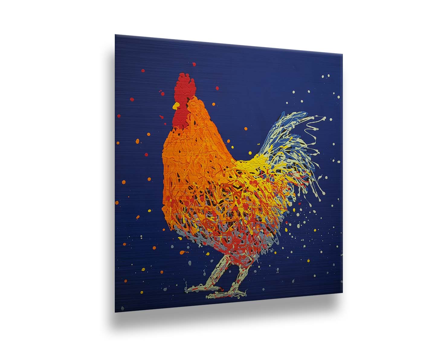 A drip painting of an orange rooster on a blue background. Printed on metal.