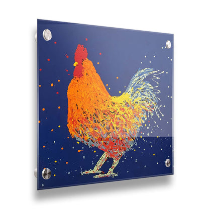 A drip painting of an orange rooster on a blue background. Printed on acrylic.