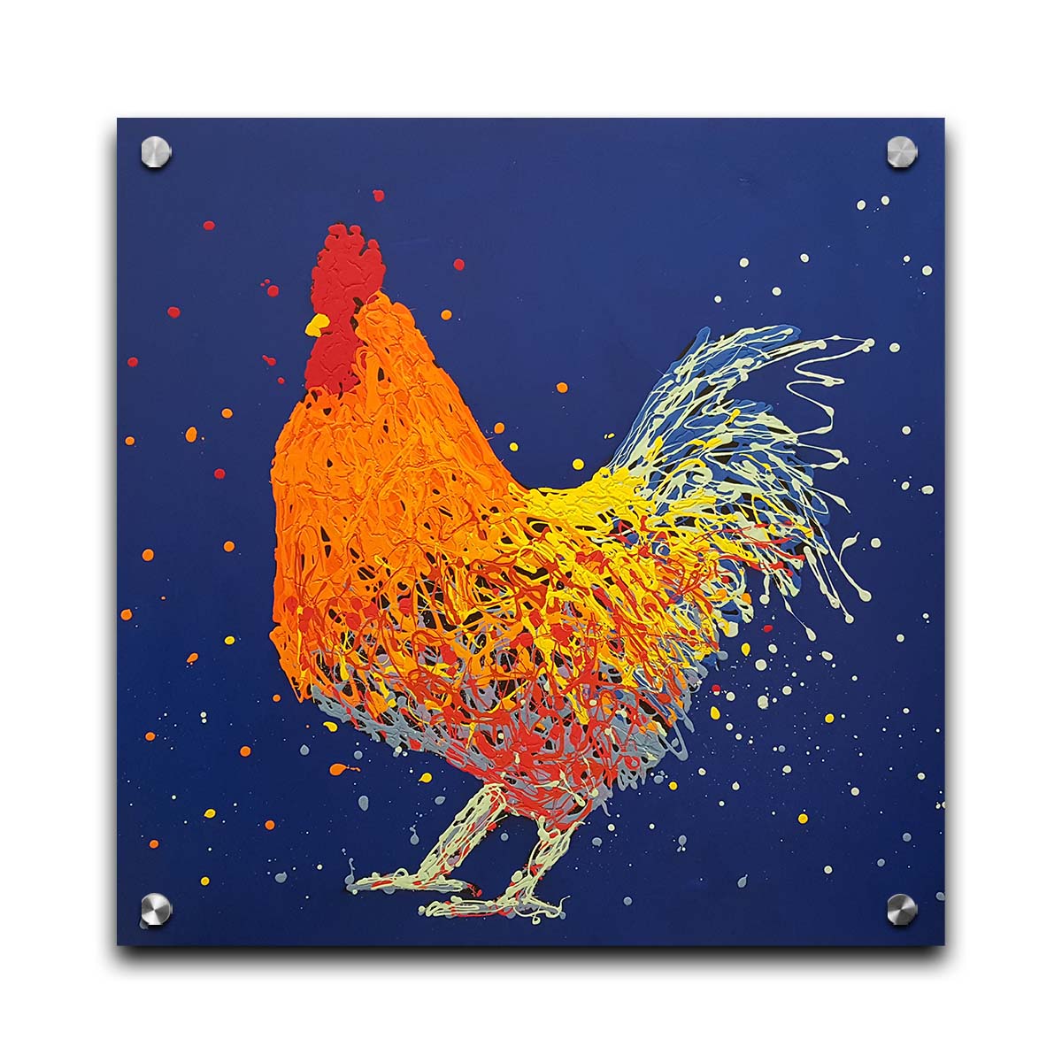 A drip painting of an orange rooster on a blue background. Printed on acrylic.