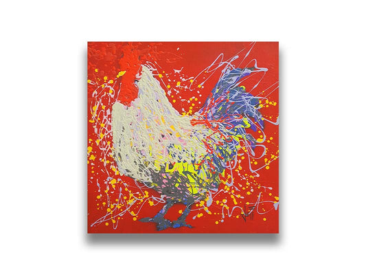 A drip painting of a white and blue rooster on a red background. Printed on canvas.