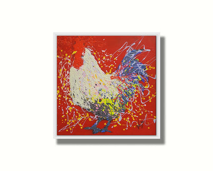 A drip painting of a white and blue rooster on a red background. Printed on canvas in a float frame.