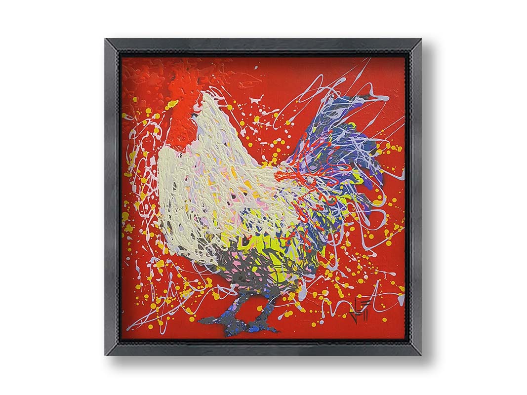 A drip painting of a white and blue rooster on a red background. Printed on canvas and framed.