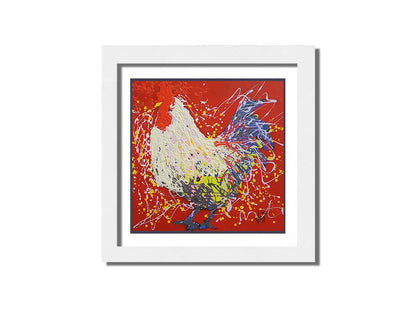 A drip painting of a white and blue rooster on a red background. Printed on paper, matted, and framed.