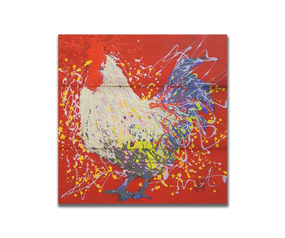 A drip painting of a white and blue rooster on a red background. Printed on a box board.