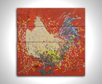 A drip painting of a white and blue rooster on a red background. Printed on a wood pallet.