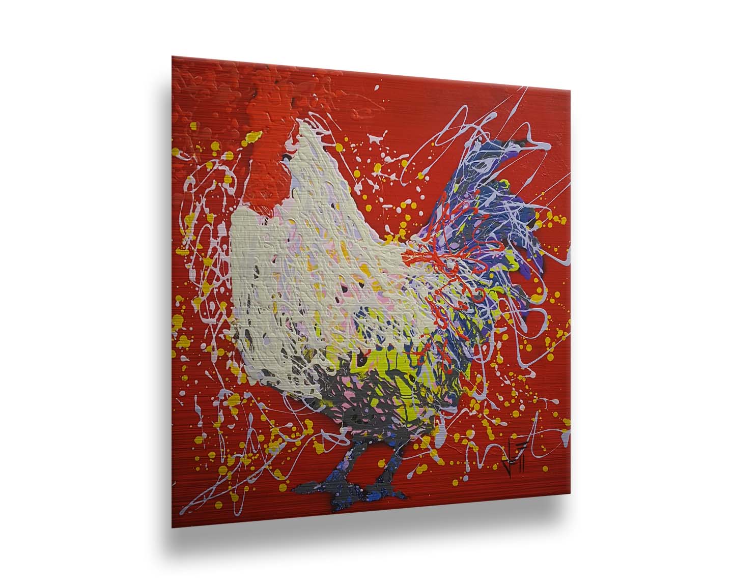 A drip painting of a white and blue rooster on a red background. Printed on metal.