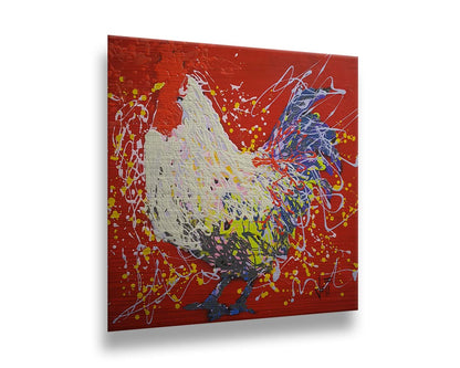 A drip painting of a white and blue rooster on a red background. Printed on metal.