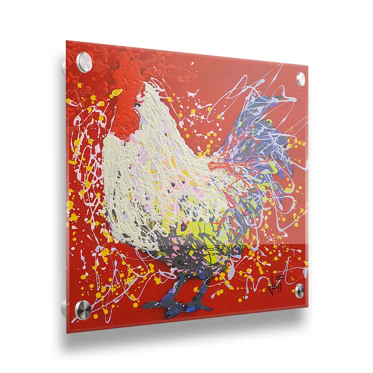 A drip painting of a white and blue rooster on a red background. Printed on acrylic.