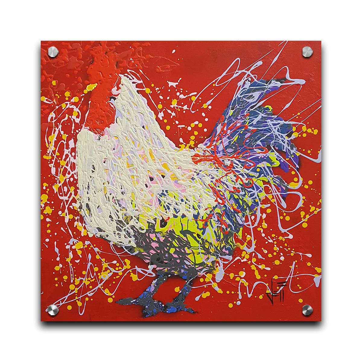 A drip painting of a white and blue rooster on a red background. Printed on acrylic.