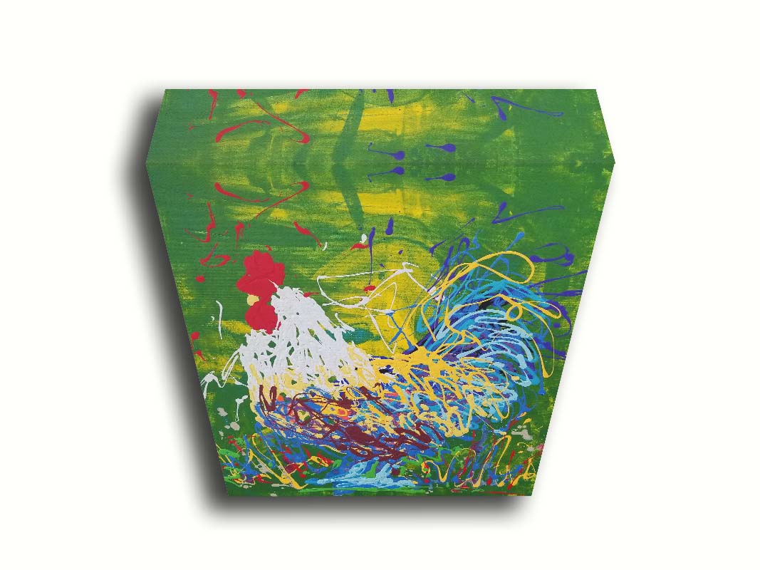 A drip painting of a white, blue, and yellow rooster against a green and yellow background. Printed on canvas.