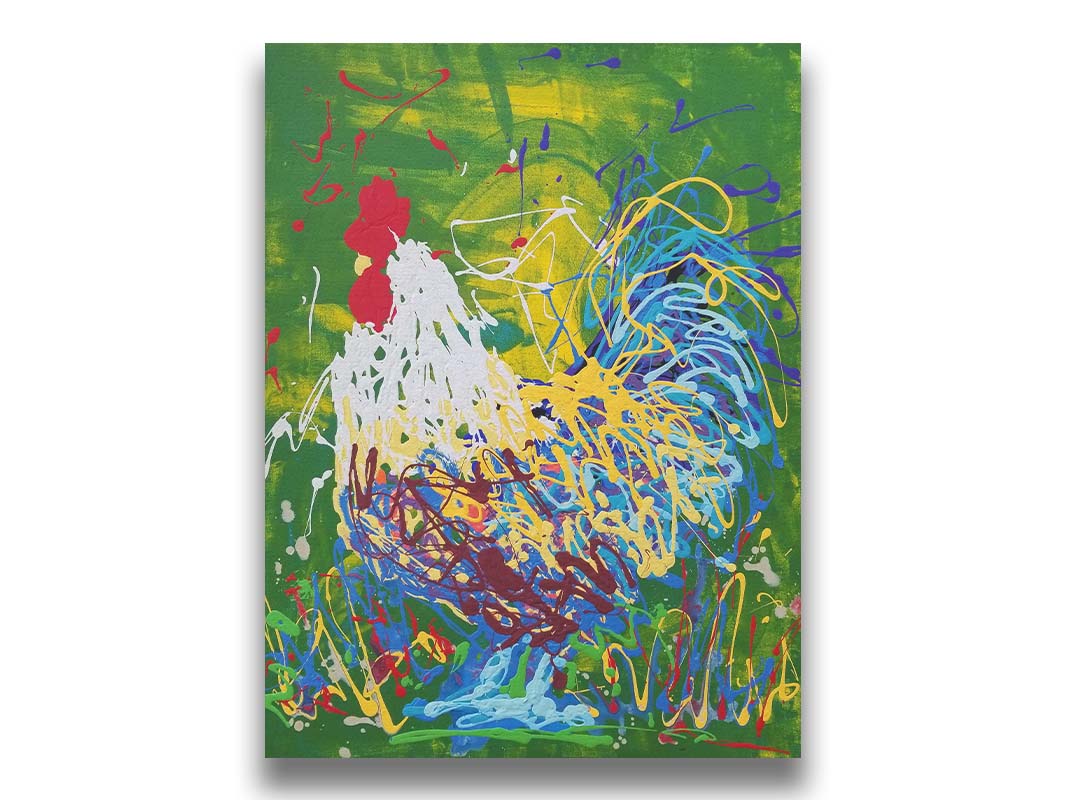 A drip painting of a white, blue, and yellow rooster against a green and yellow background. Printed on canvas.