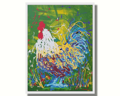 A drip painting of a white, blue, and yellow rooster against a green and yellow background. Printed on canvas in a float frame.