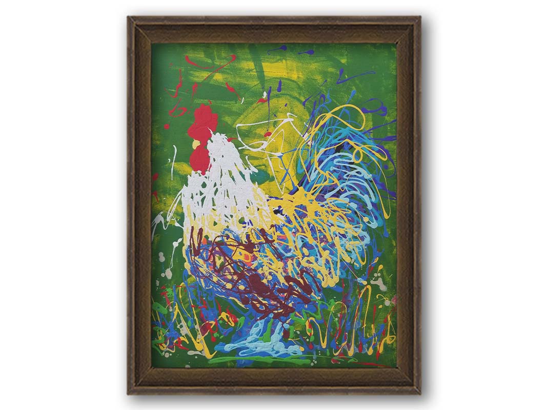 A drip painting of a white, blue, and yellow rooster against a green and yellow background. Printed on canvas and framed.