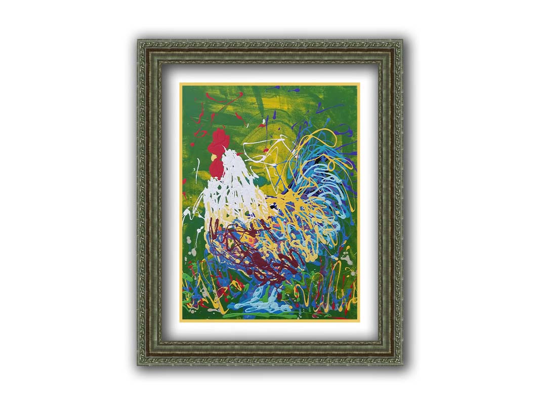 A drip painting of a white, blue, and yellow rooster against a green and yellow background. Printed on paper, matted, and framed.