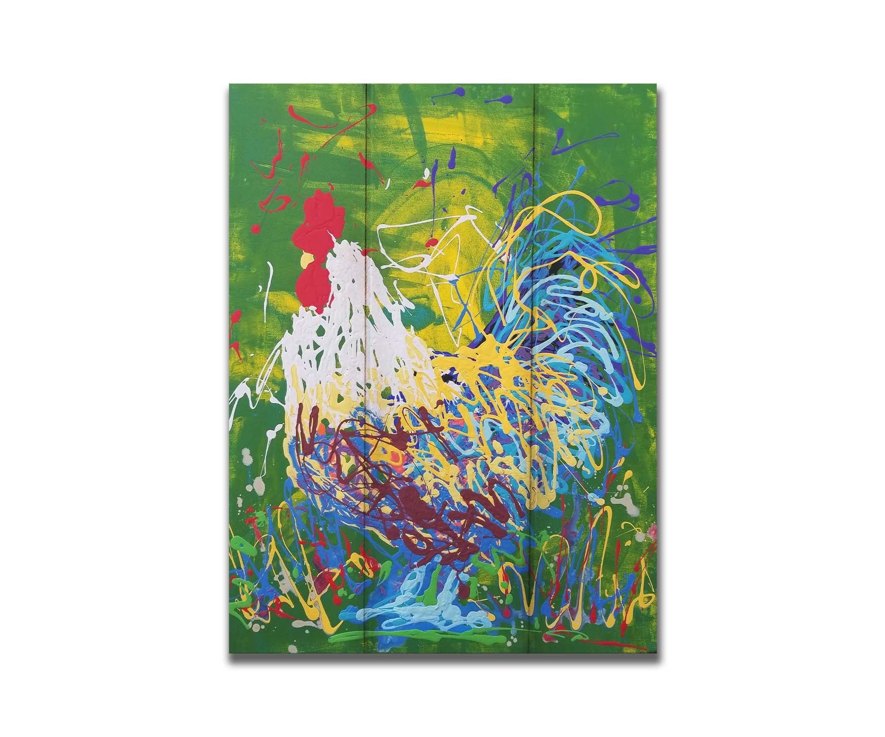 A drip painting of a white, blue, and yellow rooster against a green and yellow background. Printed on a box board.