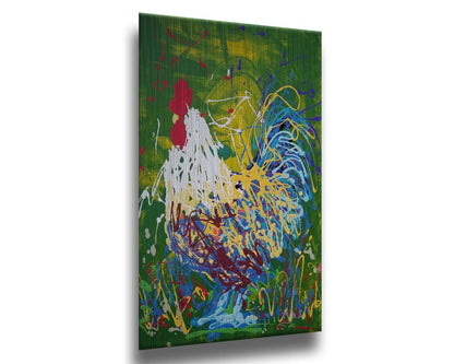 A drip painting of a white, blue, and yellow rooster against a green and yellow background. Printed on metal.