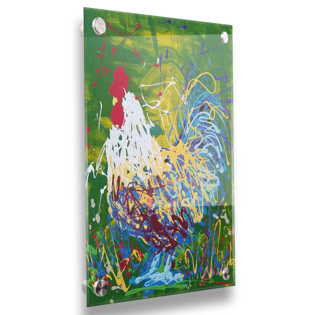 A drip painting of a white, blue, and yellow rooster against a green and yellow background. Printed on acrylic.