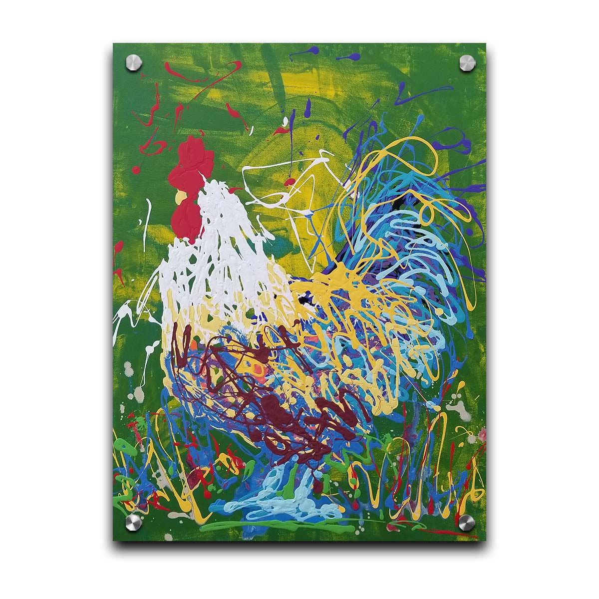 A drip painting of a white, blue, and yellow rooster against a green and yellow background. Printed on acrylic.