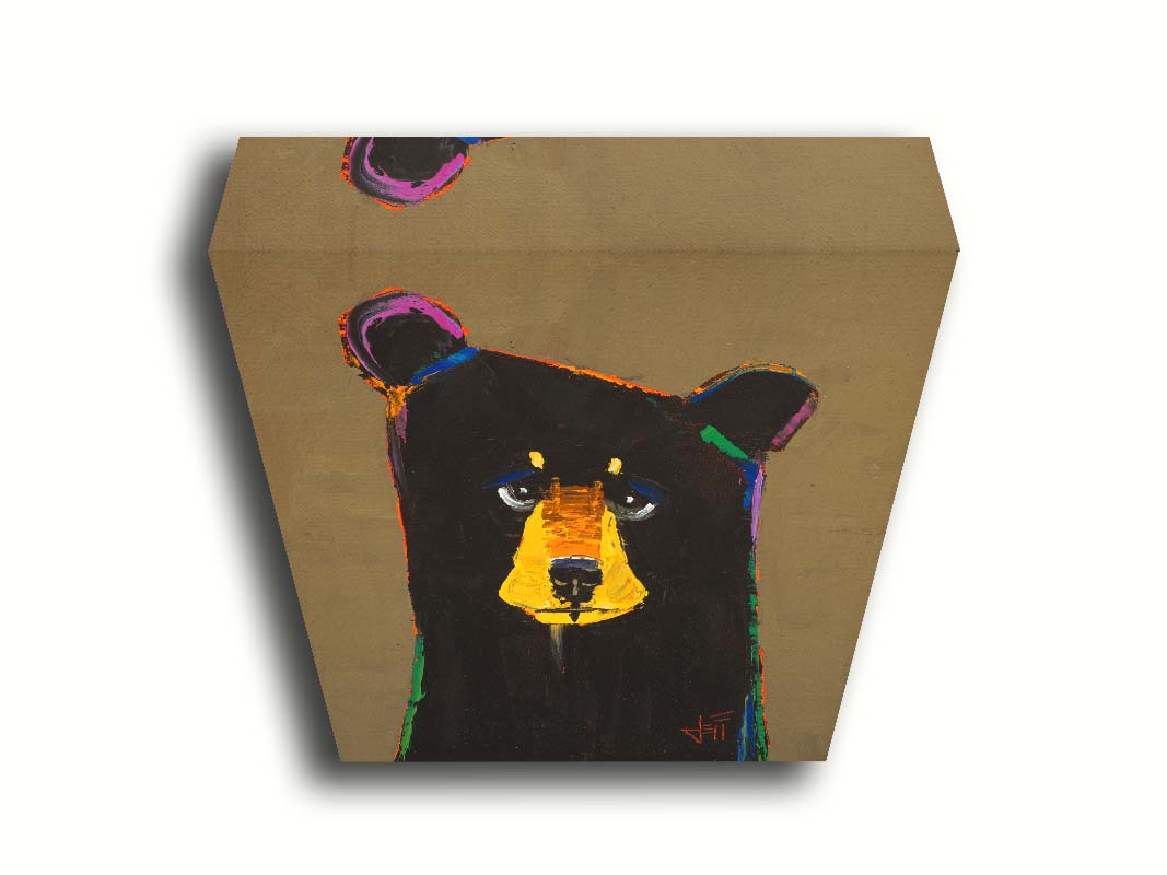 A painting of a black bear in a simplified style with flat colors, accented with a spectrum of outlines. Printed on canvas.