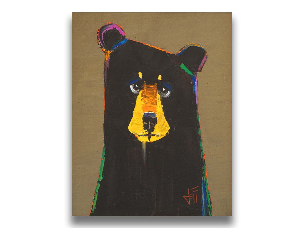 A painting of a black bear in a simplified style with flat colors, accented with a spectrum of outlines. Printed on canvas.