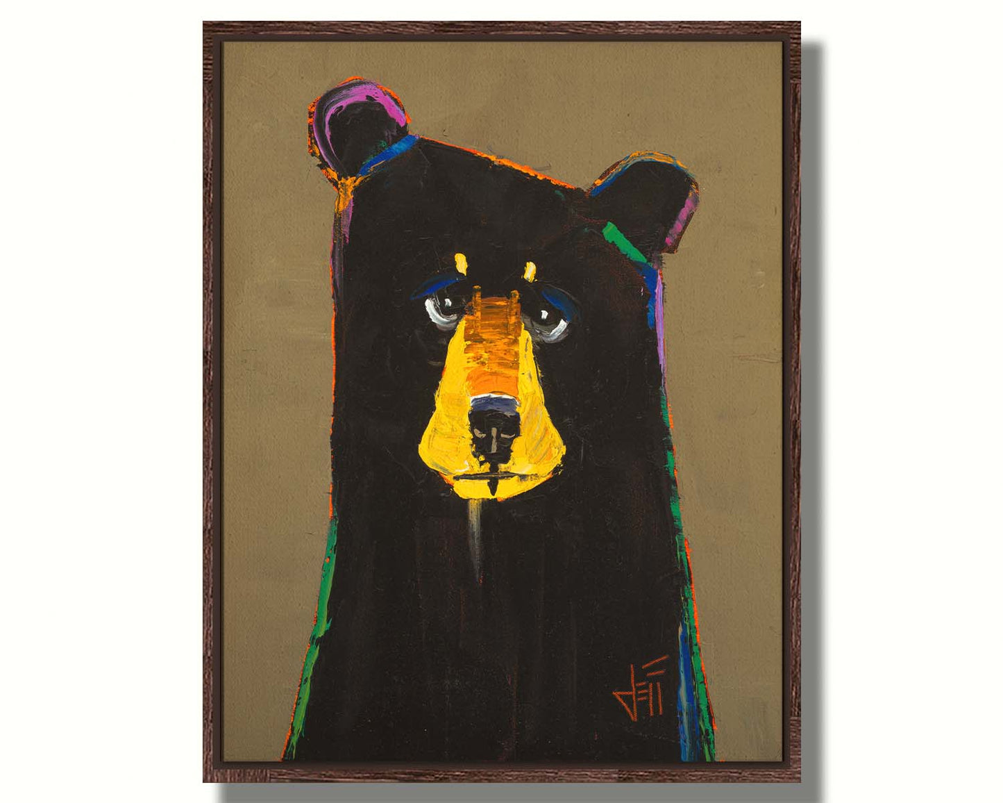 A painting of a black bear in a simplified style with flat colors, accented with a spectrum of outlines. Printed on canvas in a float frame.