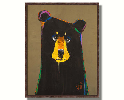 A painting of a black bear in a simplified style with flat colors, accented with a spectrum of outlines. Printed on canvas in a float frame.