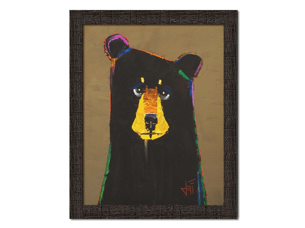 A painting of a black bear in a simplified style with flat colors, accented with a spectrum of outlines. Printed on canvas and framed.