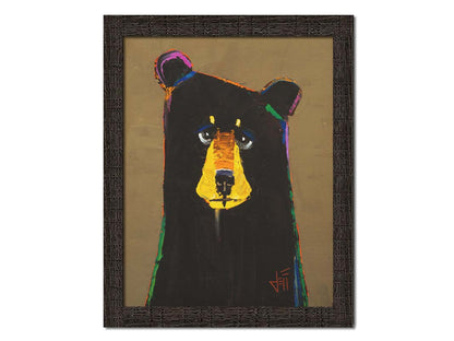 A painting of a black bear in a simplified style with flat colors, accented with a spectrum of outlines. Printed on canvas and framed.