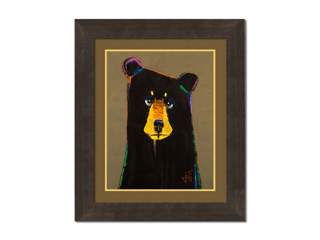 A painting of a black bear in a simplified style with flat colors, accented with a spectrum of outlines. Printed on paper, matted, and framed.